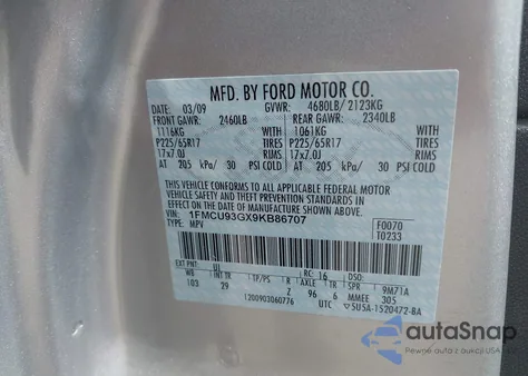 2009 Ford Escape Xlt z USA, uszkodzony, nr VIN 1FMCU93GX9KB86707